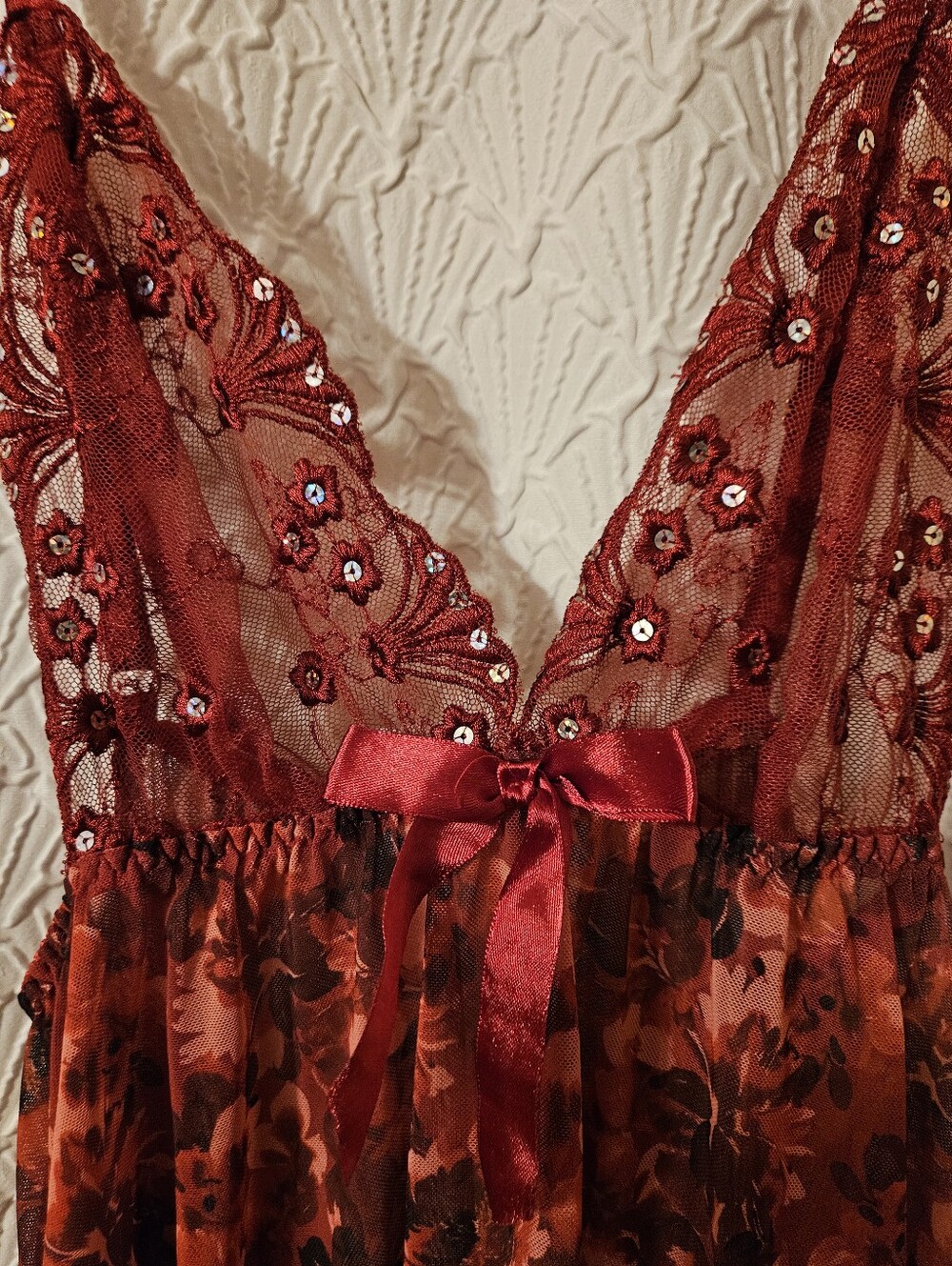 Red/Burgundy    Floral Satin Chemise with Lace Bodice